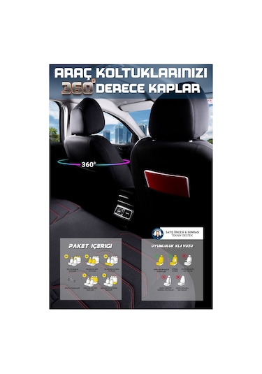 Renault Megane 2 Station Wagon Uyumlu Lüx Deri Detaylı Oto Koltuk Kılıfı Ön Arka Takım Carbon Siyah Kırmızı