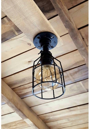 Endüstriyel Malzeme Demir Boru Sarı Ampulden, Rustik Tavan Avize Siyah