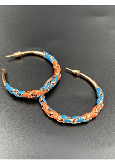 Çelik Yuvarlak Halka Mavi Turuncu Örgü Model Günlük Abiye Rose Gold Küpe