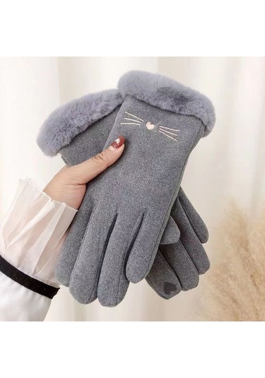 Sevimli Süet Kadın Soğuk Geçirmez Dokunmatik Ekran Eldiven Gri
