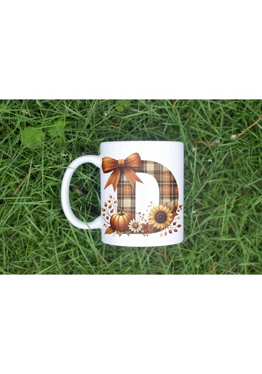 D Harfi Ekose Ve Sonbahar Temalı Kupa Bardak - Kişiye Özel Sıcak Tonlar Alfabe Kupa - Hediye Beyaz