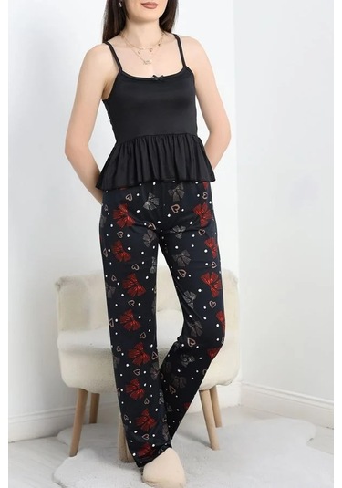 Seka Milan İp Askılı Fırfırlı Pijama Takım Siyahkırmızı - 70186.1857. Çok Renkli