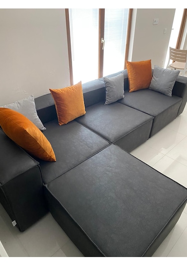 Mode Soft Köşe Koltuk Takımı 4 Modül 13 Koyu Antrasit Nubuk Kumaş