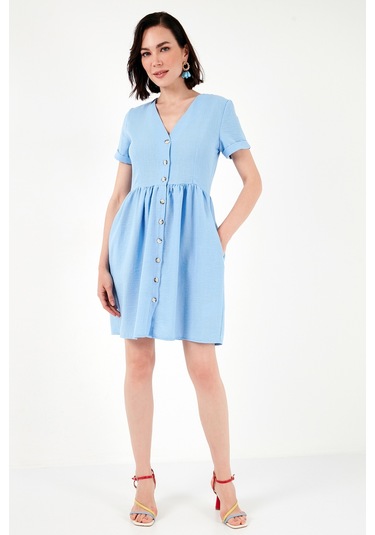 Lela Cepli Önü Düğmeli Kısa Kollu V Yaka Regular Fit Bayan Elbise 611El222 Bebe Mavi