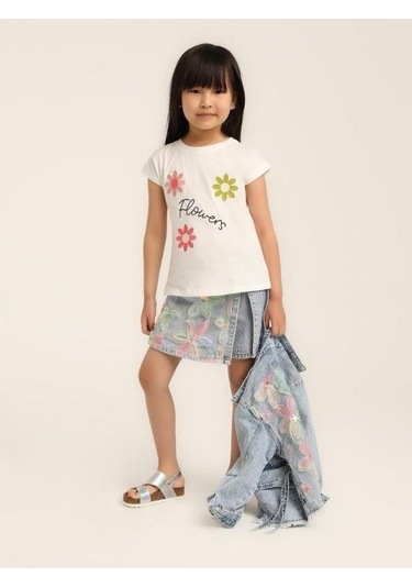 Kız Çocuk Çiçek Desenli Kot Ceket-15617 Mavi