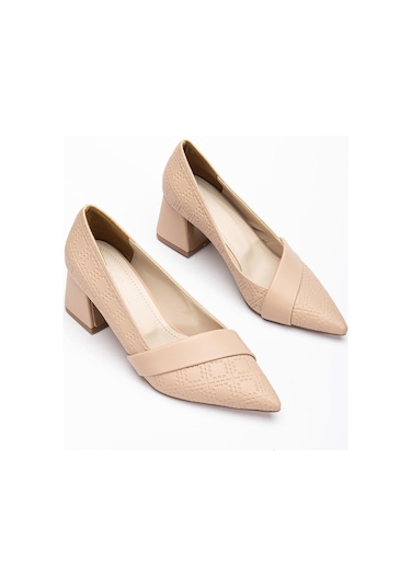 Kadın Topuklu Ayakkabı Bej Baskılı Deri Yanyüzlü Sivri Kalıp-3579 Bej