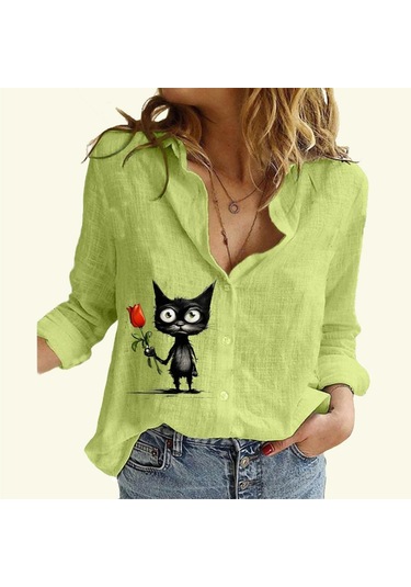 Kadın Moda Pamuk Keten Gömlek Kedi Baskılı Uzun Kollu Üst Bayan Günlük Düğmeli Bluz Yeşil