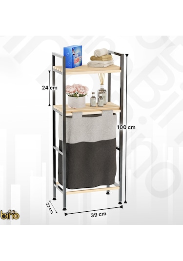 Bino Ahşap Raflı 2 Katlı Büyük Boy Kapaklı Çamaşır Kirli Sepeti Çok Amaçlı Banyo Düzenleyici Siyah