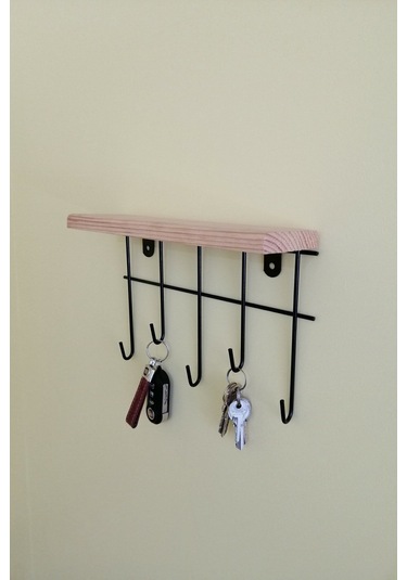 Dekoratif Askı 5'li Askılık Organizer Ahşap Raf Siyah