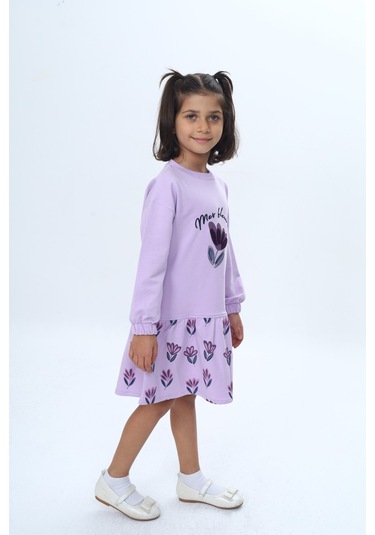 Toontoy Kız Çocuk Süzene Nakışlı Lale Baskılı Elbise Lila