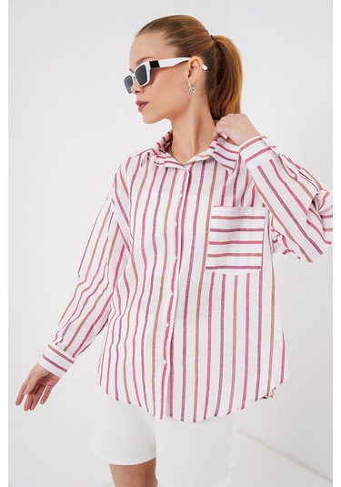 Kadın Çizgili Oversize Gömlek 20278 - Kırmızı Kırmızı