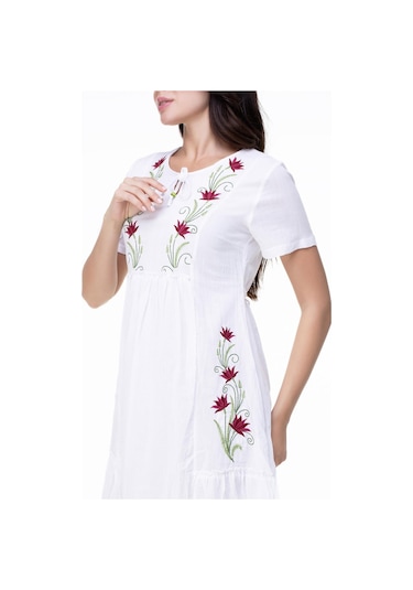 Kısa Kol Şile Bezi Lalezar Nakışlı Midi Boy Elbise Beyaz Byz-beyaz