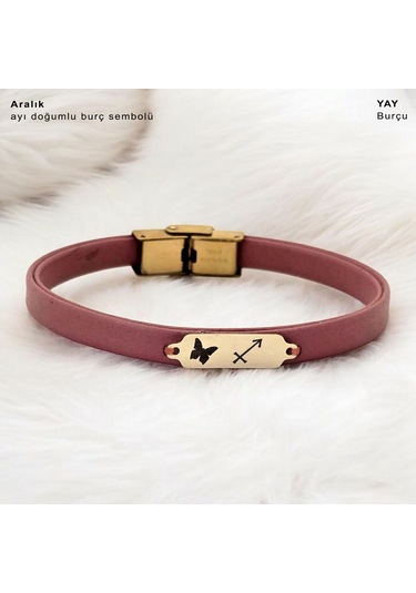 Archin Aralık Ayı Doğumlarına Koyu Pembe Derili Kelebek Motifli 14 Ayar Altın Plakalı Hediye Bileklik-654ay Aralık