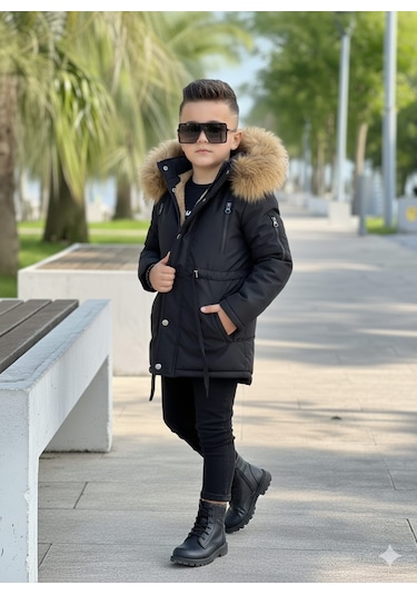 Modavals Erkek Çocuk Garson Beden İthal Tak Çıkar Kürklü Cepli Fermuarlı Düğmeli Bondit Kumaş Kışlık Mont-siyah 851247962 Çok Renkli