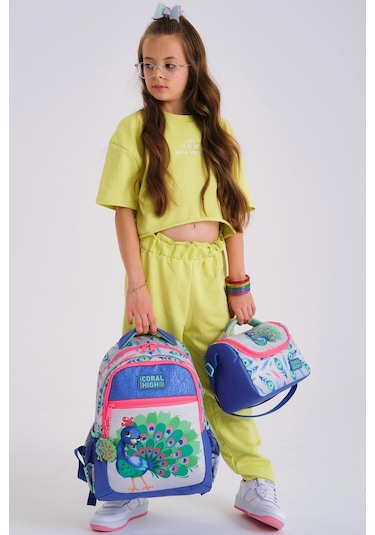Coral High Kids Gümüş Lavanta Tavus Kuşu Desenli 3 Lü Okul Çanta Seti Set0123488