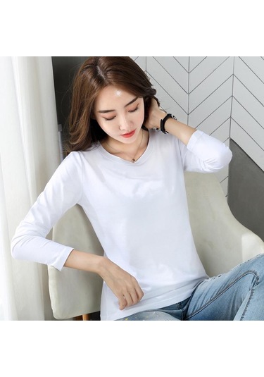 Beyaz İlkbahar ve Sonbahar Kadın Bluz Pamuk Gevşek Düz Renk Yuvarlak Yaka Uzun Kollu Üst