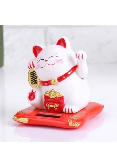 Springsun Güneş Enerjili Otomatik Ellik Kedi Araç Dekorasyonu - Şans Ve Mutluluk Simgesi Beyaz Plastik