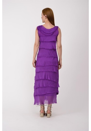 Italyan 2 Beden İnce Gösteren Kat Kat Kolsuz Ipek Elbise Mor