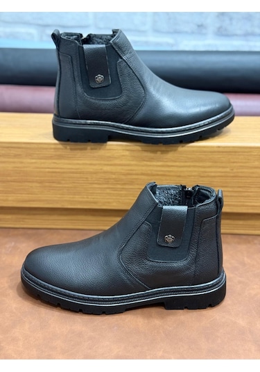 Hakiki Deri Büyük Numara Ortopedik Kürklü Erkek Bot Siyah