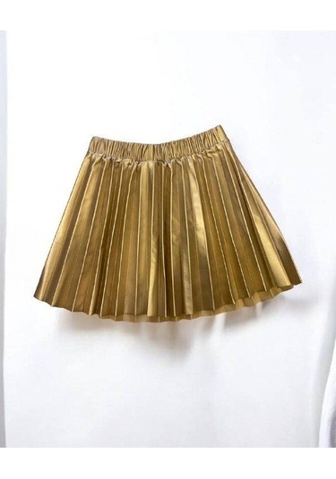 Kız Bebek Pileli Deri Etek-14903 Altın