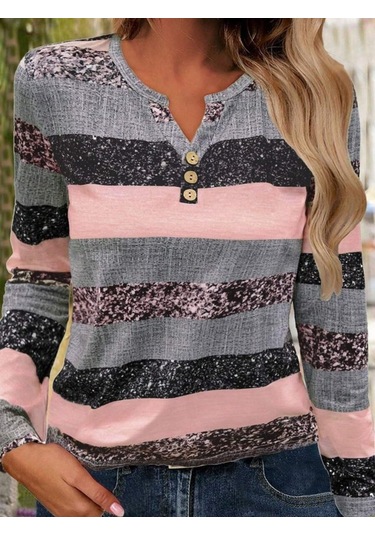 Tua Moda Kadın Uzun Kollu Yakadan Düğmeli Çizgili Desenli Süprem Bluz Pembe