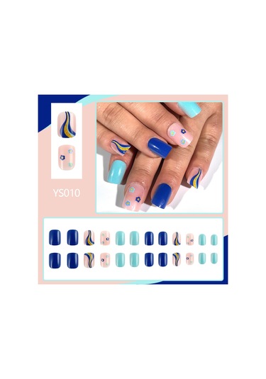 Kısa Çiçek Çizgileri Parlak Tırnaklar Renkli Çizgiler Pembe Ve Mavi Renk Uyumlu Basit Günlük Manikür 24 Adet Sahte Tırnak Dahil Araçlarys010