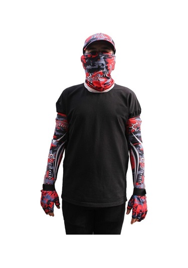 Captain Fisherman Style Camo Red Set Cap+eldiven+kolluk+buff Kırmızı