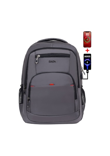 Dada 03 Usb Aparatlı Gri Laptop Sırt Çantası 15,6 İnç Geniş İç Hacim Darbe Emici Koruma