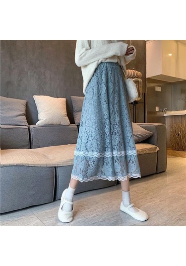 Sonbahar Ve Kış Yüksek Belli Dantel Etek Orta Boy Tüm Maç Düz Renk Çiçek Açık Mavi