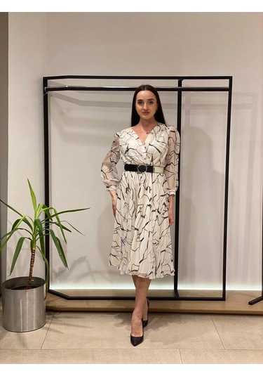 Modatalika Kadın Midi Boy Desenli Truvakar Kol Kemer Detaylı Yeni Sezon Elbise Ekru