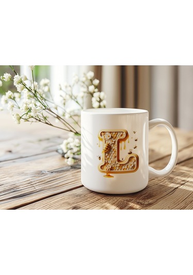 L Harfi Bal Arısı Tasarım Kupa Bardak - Bal Ve Petek Desenli Kişiye Özel Kahve Kupası - Hediyelik Beyaz