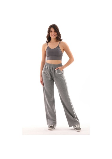 Kallima Gri Beyaz Tasarım Cepli Şeritli Üç İplik Eşofman Altı Gri