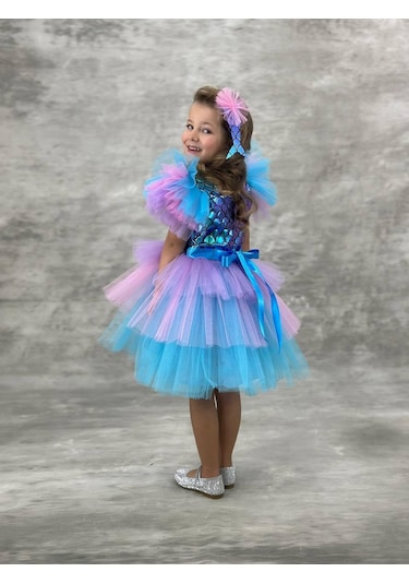 Kız Çocuk Tütü Etekli Deniz Kızı Elbisesi Mavi 2102 Mavi