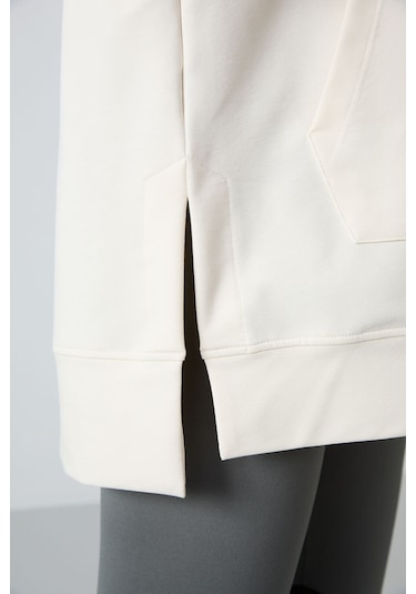 Tommy Life Ekru Balon Kol Yazı Nakışlı Kadın Oversize Tunik Sweatshirt - 97163 Ekru