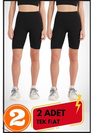 Kadın Kısa Siyah Şort Tayt 2'li Paket Lycralı Yüksek Bel Toparlayıcı Mevsimlik Biker 21070 Siyah - Siyah