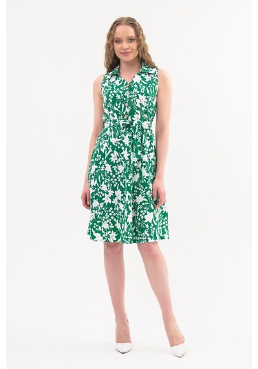 Apsen Kadın Zümrüt Yeşil Düğme Detaylı V Yaka Cotton Elbise 4405-105 Zümrüt Yeşili