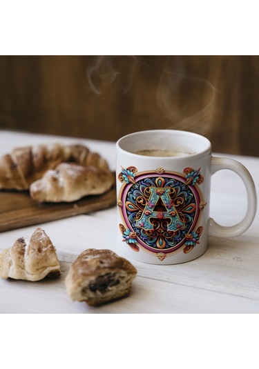 A Harfi Boho Bardak, Renkli Özel Tasarım Hediyelik Harfli Kupa, 330ml Porselen Beyaz