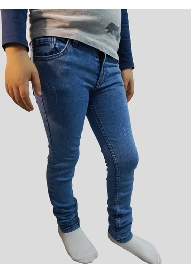 Erkek Çocuk Denim Füme Tırtıklı Ligralı Kot Pantolon Füme