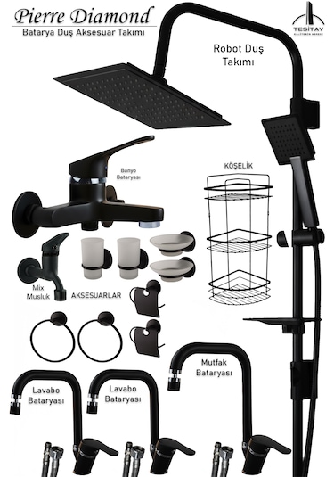 8962 Mutfak Lavabo Banyo Bataryası Robot Duş Takımı Köşe Borulu Musluk Armatür Siyah Beyaz Krom Renkler Siyah - Krom
