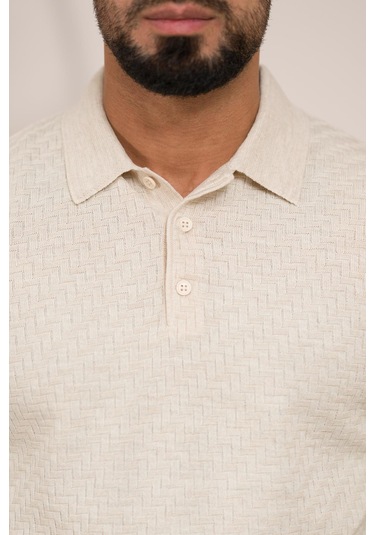 Woolen World Polo Yaka Slimfit Desenli Yünlü Erkek Triko Kazak Krem