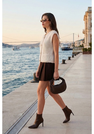 Lela Premium Oversize Fit Bisiklet Yaka Düğmeli Örgü Bayan Yelek 680Yl1416 Taş
