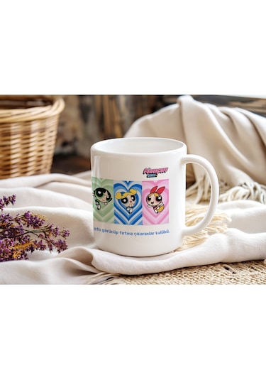 Powerpuff Girls Tatlı Görünüp Fırtına Çıkaranlar Kulübü Yazılı Kupa Bardak - Renkli Kız Arkadaş Grup Beyaz