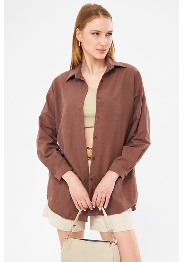 Armonika Kadın Kahve Oversize Uzun Basic Gömlek Arm-22y001118