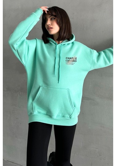 Kadın Mint Yeşili Charlie Luciano Baskılı Oversize Kapüşonlu Sweatshirt Mint Yeşili