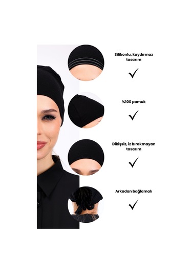 Kaymayan Silikonlu Dikişsiz Bone Siyah - Kaymaz Kadın Tesettür Bağlamalı İç Bone Siyah