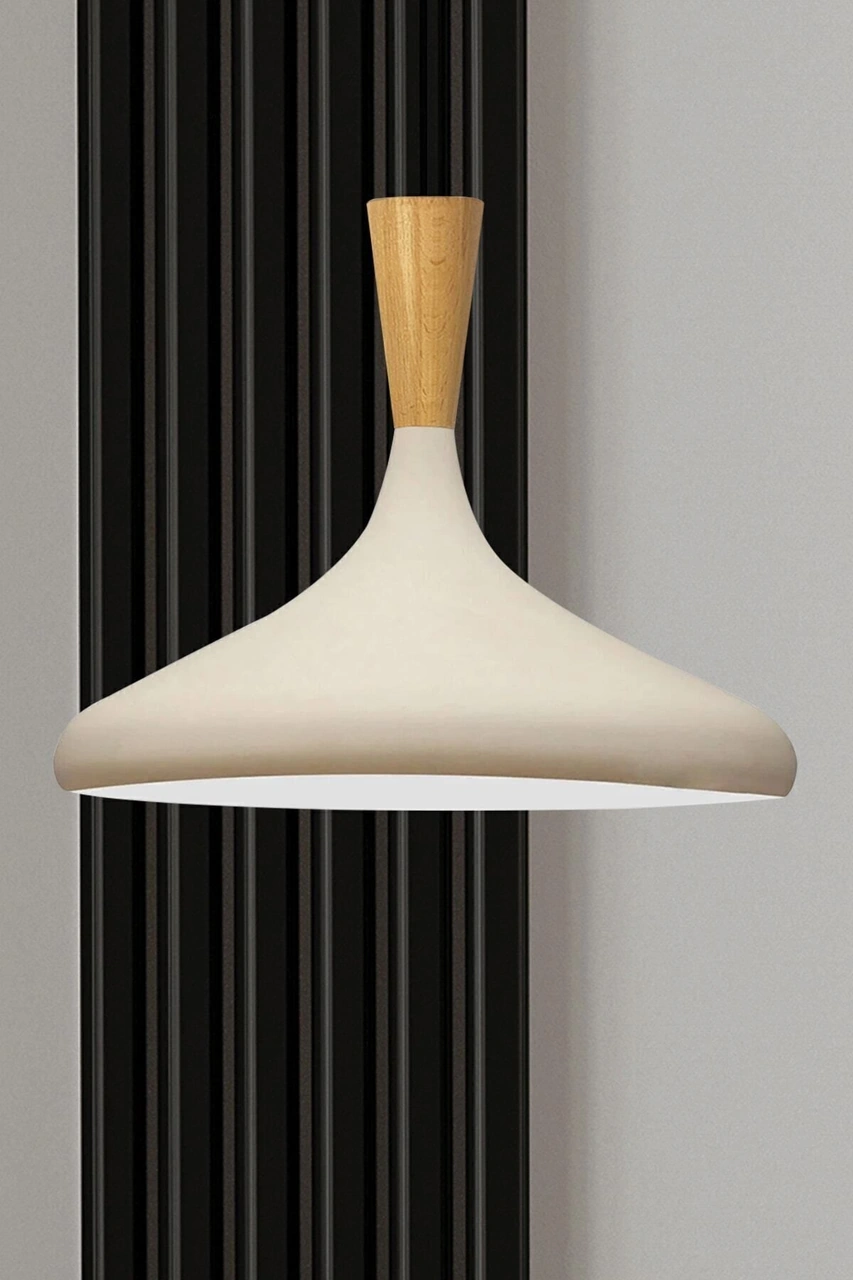 Champion Beyaz Iç Beyaz Ahşap Huni Tekli Avize Sarkıt Salon Mutfak Butik Lamba Aydınlatma Beyaz - Beyaz