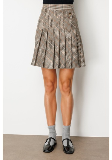 Ekol Kadın Ekoseli Mini Etek 5079 Vizon Vizon