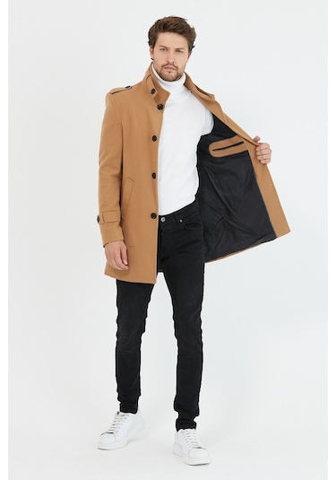 Erkek Vizyon Dar Kesim Dik Yaka Uzun Kaşe Kaban-Vizon