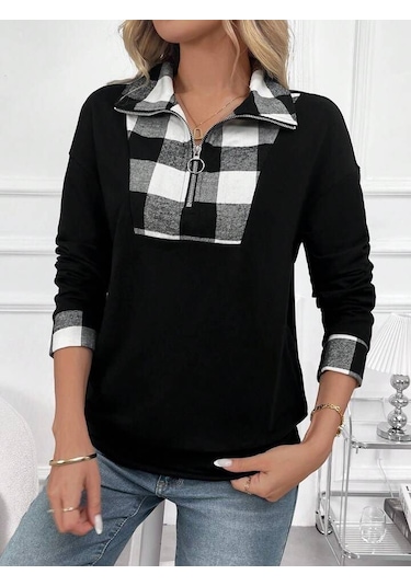 Reka Moda Kadın Uzun Kollu Yakalı Önden Fermuarlı Ekose Detaylı Viskon Iki Iplik Bluz Siyah