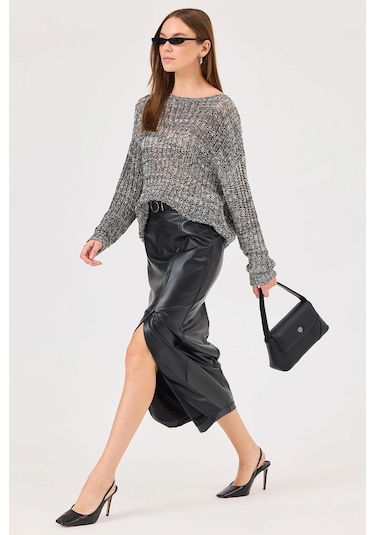 Seçil Kadın Yırtmaçlı Suni Deri Etek 0010 Siyah Siyah